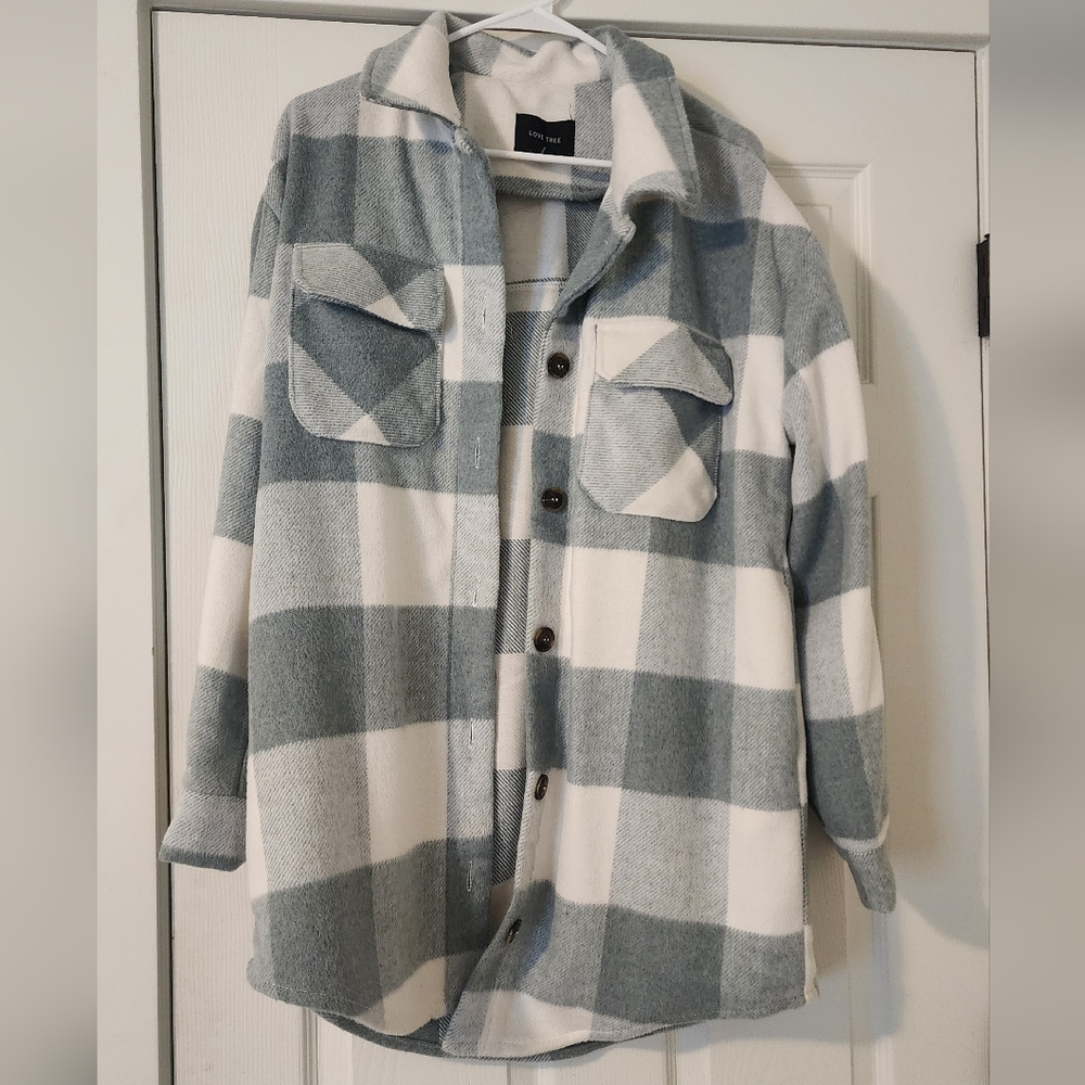 Plaid Button-Up Jacket - Gray, Blue and White